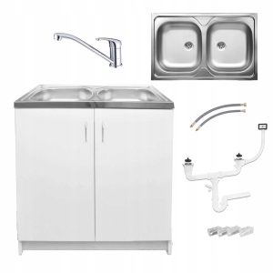 Szafka Kuchenna Biała Zlew 2 Komory 80×50 Bateria Chrom 413425