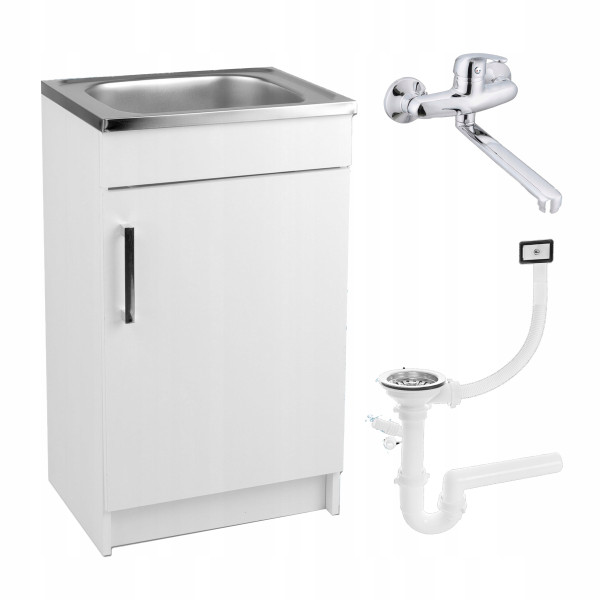 Szafka Kuchenna Biała Zlew 50x40 Bateria Ścienna Chrom 413432
