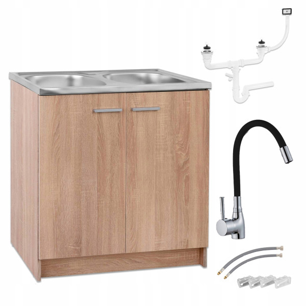 Szafka Kuchenna Dąb Sonoma 80 Zlew 2 Komory Bateria Czarna 436479